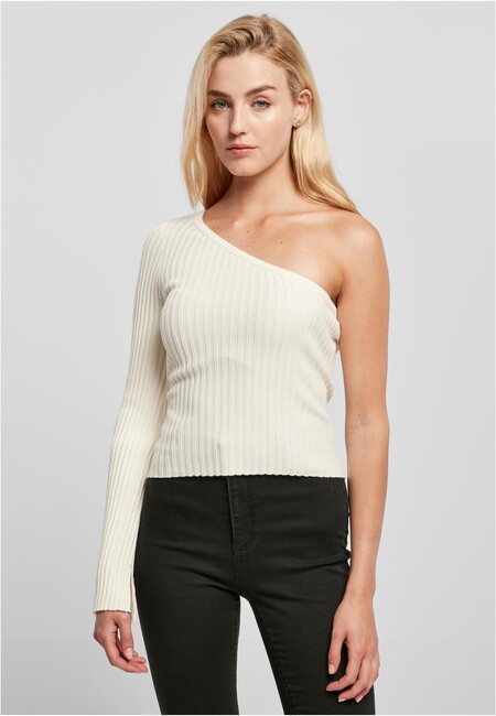 Urban Classics Ladies Short Rib Knit One Sleeve Sweater whitesand - XXL
