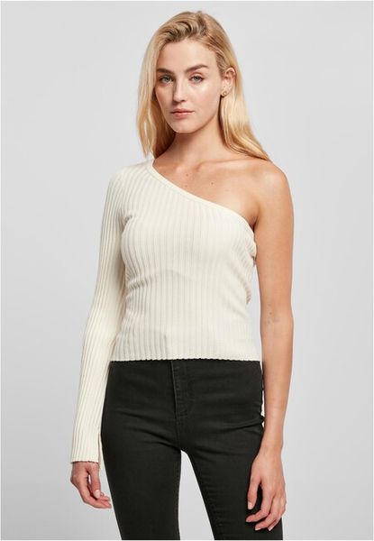 Urban Classics Ladies Short Rib Knit One Sleeve Sweater whitesand