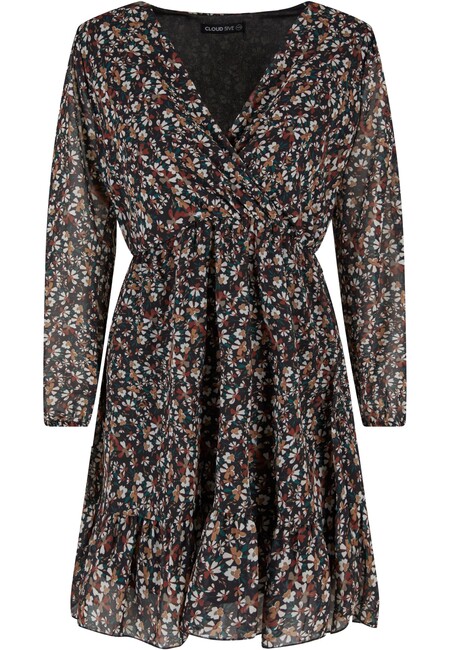E-shop Urban Classics Cloud5ive Damen Chiffon Kleid mit V-Neck und Wickeloptik Blumen Print black/multicolor - XL