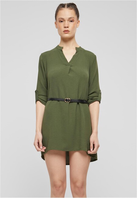 E-shop Urban Classics Cloud5ive Damen Longform Musselin Turn-Up Shirt mit Gürtel green - L