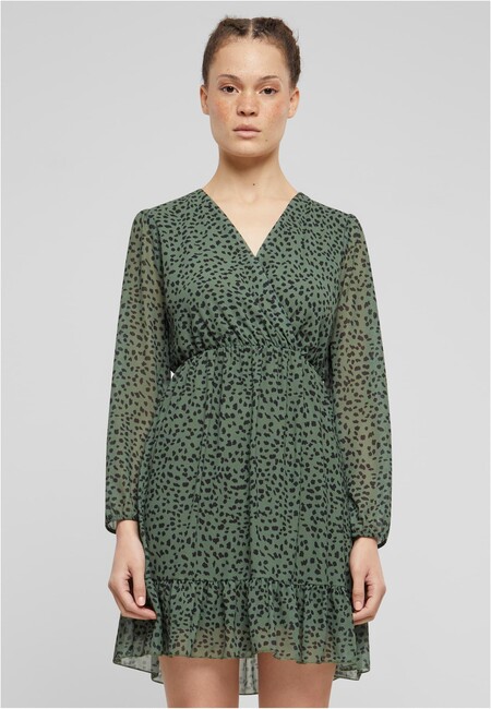 E-shop Urban Classics Cloud5ive Damen V-Neck Chiffon Kleid in Wickeloptik mit Leo Print dark green - M