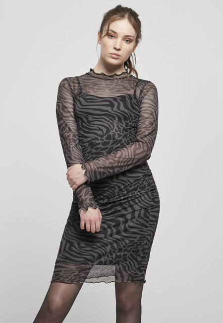 E-shop Urban Classics Ladies AOP Double Layer Dress asphalt/black - S
