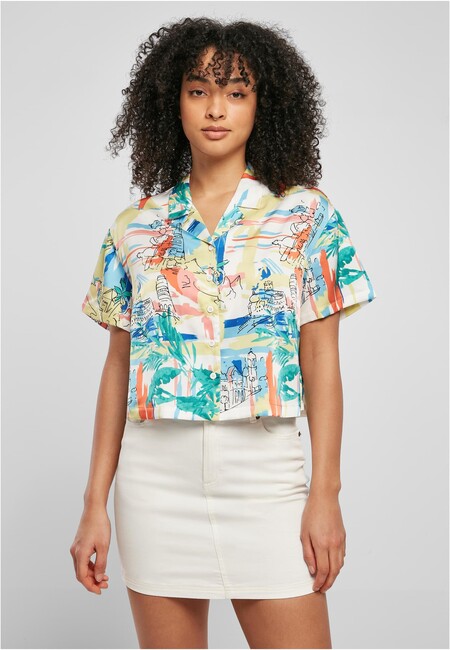 Urban Classics Ladies AOP Satin Resort Shirt softyellowvacation - 5XL
