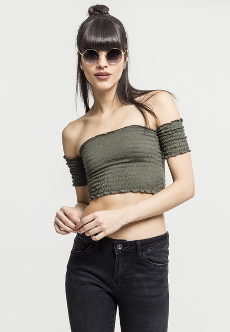 Urban Classics Ladies Cropped Cold Shoulder Smoke Top olive - L
