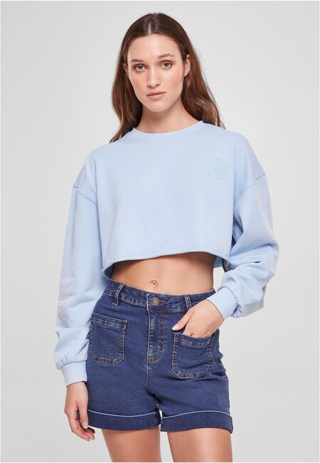 Urban Classics Ladies Cropped Flower Embroidery Terry Crewneck balticblue - XL