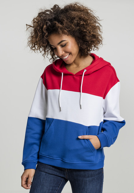 Urban Classics Ladies Oversize 3-Tone Hoody fire red/white/royal - S