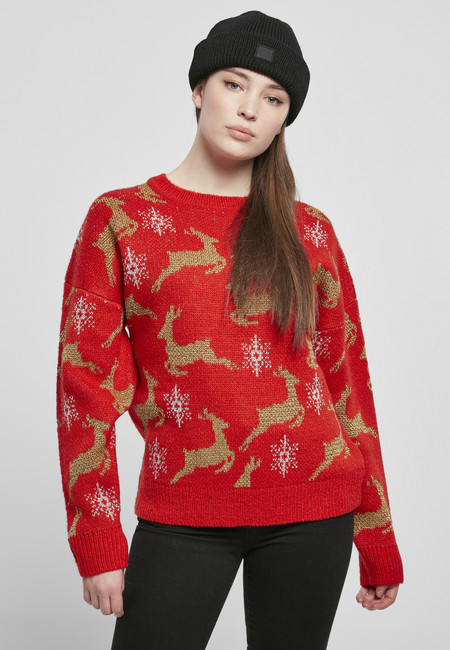 Urban Classics Ladies Oversized Christmas Sweater red/gold - XXL