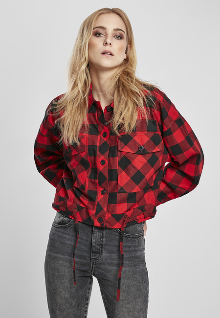 E-shop Urban Classics Ladies Short Oversized Check Shirt black/red - 3XL