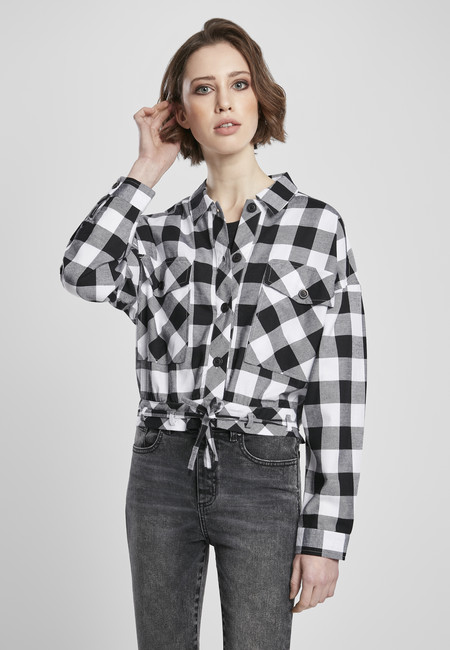 E-shop Urban Classics Ladies Short Oversized Check Shirt black/white - 3XL