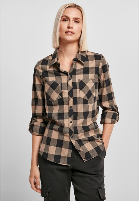 E-shop Urban Classics Ladies Turnup Checked Flanell Shirt black/softtaupe - 3XL