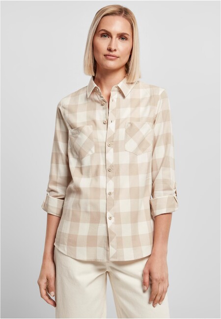E-shop Urban Classics Ladies Turnup Checked Flanell Shirt whitesand/lighttaupe - 5XL